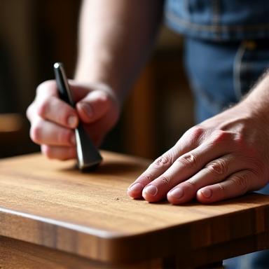 Pengrajin sedang menggilap papan pemotong kayu.