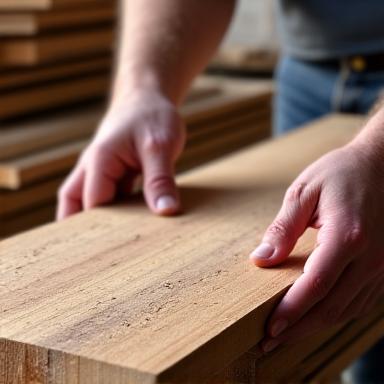 Tangan memilih kepingan kayu berkualiti tinggi.
